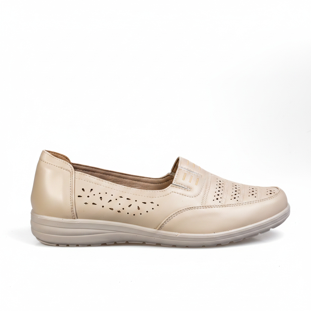 S566-2 Pantofi eleganți pentru femei, din piele ecologică perforată, de culoare bej