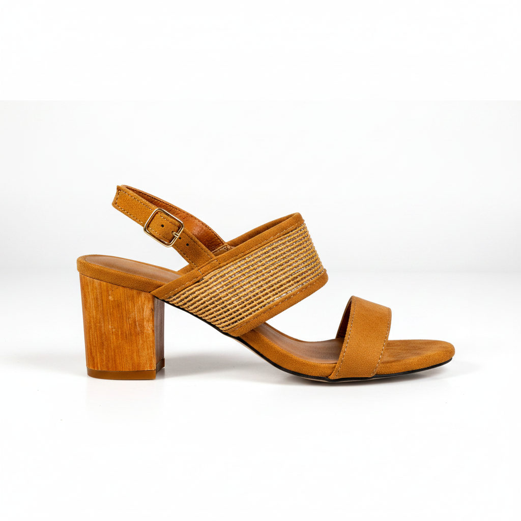 15809-3 Sandale cu toc pentru femei, din materiale mixte, de culoare camel