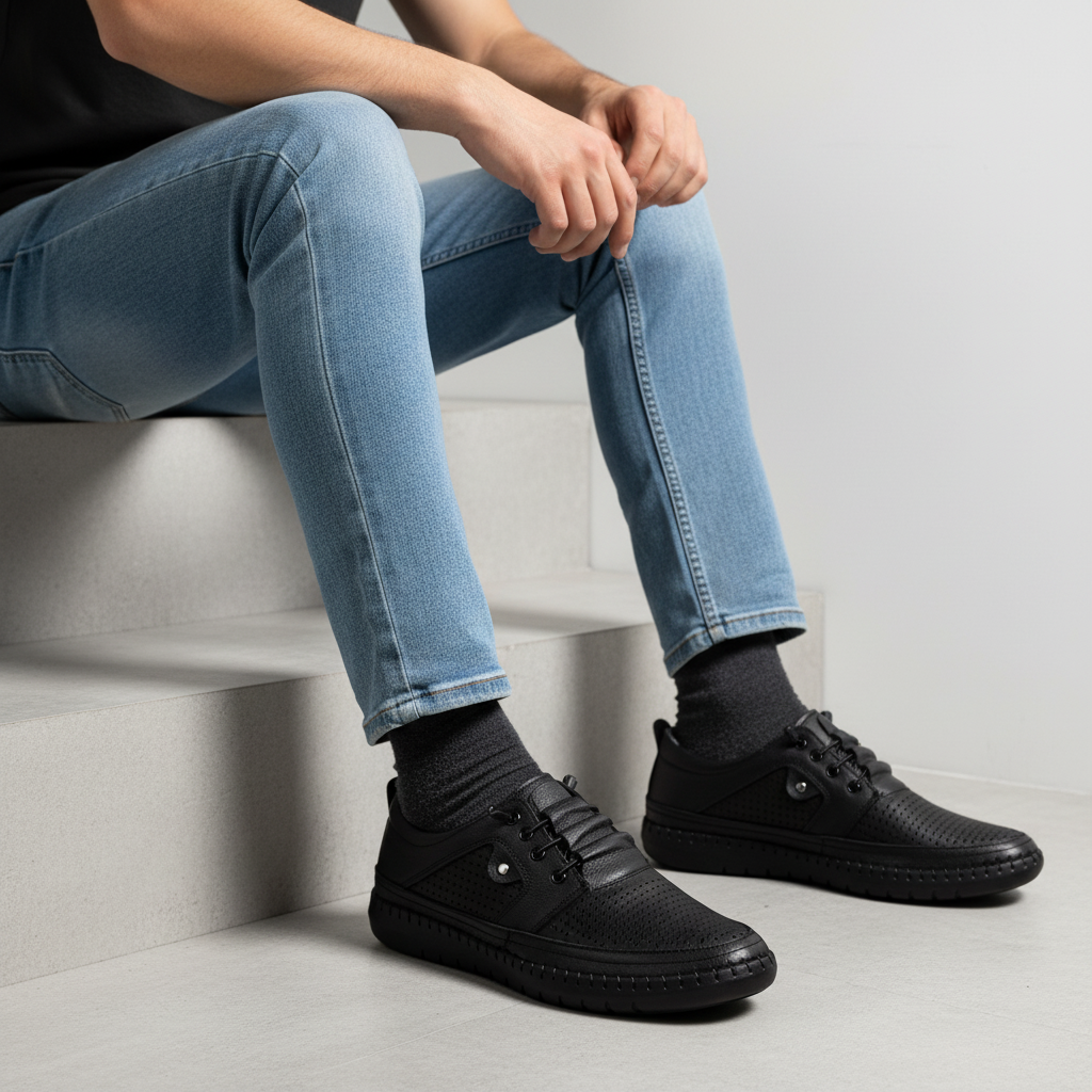 5103 Pantofi de zi cu zi pentru bărbați, din piele naturală, negri, de calitate superioară
