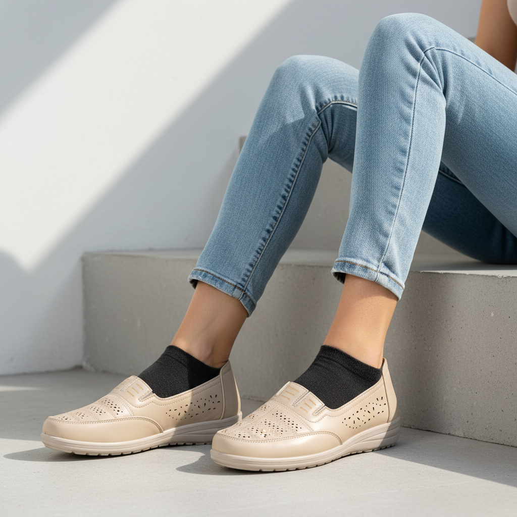 S566-2 Pantofi eleganți pentru femei, din piele ecologică perforată, de culoare bej