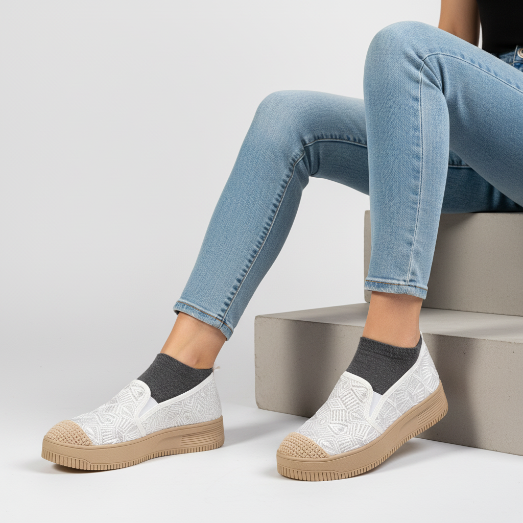 S559-2 Pantofi de zi cu zi eleganți pentru femei, din material textil, de culoare albă și ușori