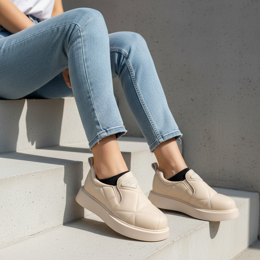 N205-3 Béžové dámské prošívané slip-on tenisky na platformě