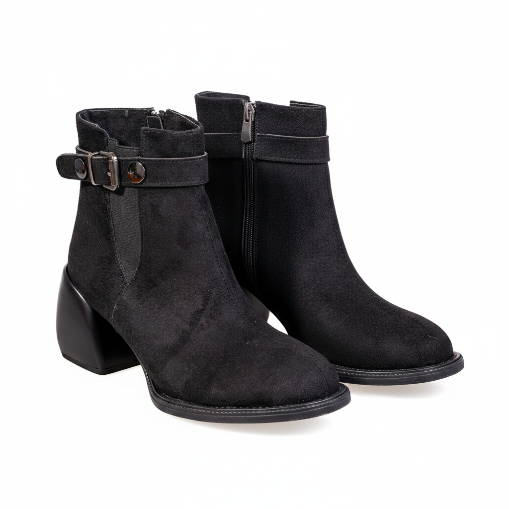 SL1776 Ghete scurte pentru femei, negru, din piele nabuk cu aspect de piele de căprioară