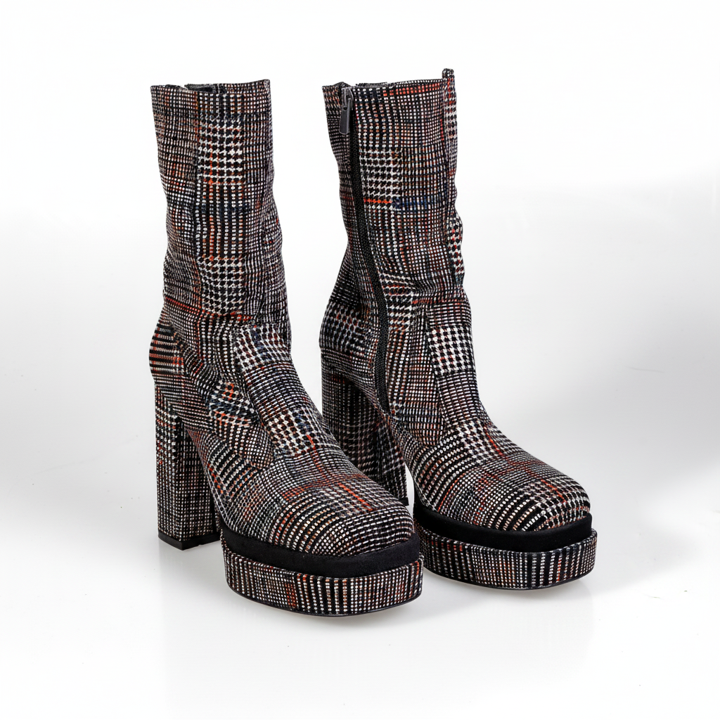 SL2099 Bordo Dámské boty na platformě s tartanovým vzorem