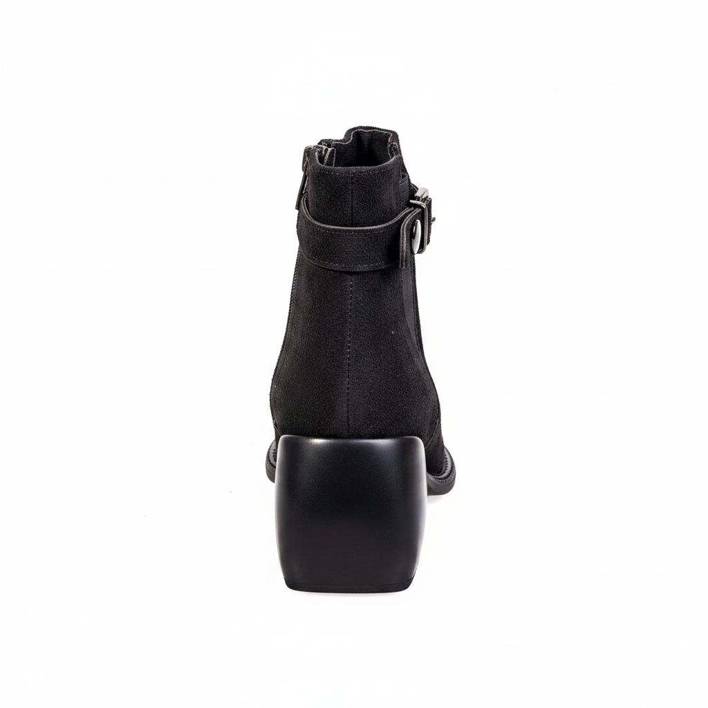 SL1776 Ghete scurte pentru femei, negru, din piele nabuk cu aspect de piele de căprioară