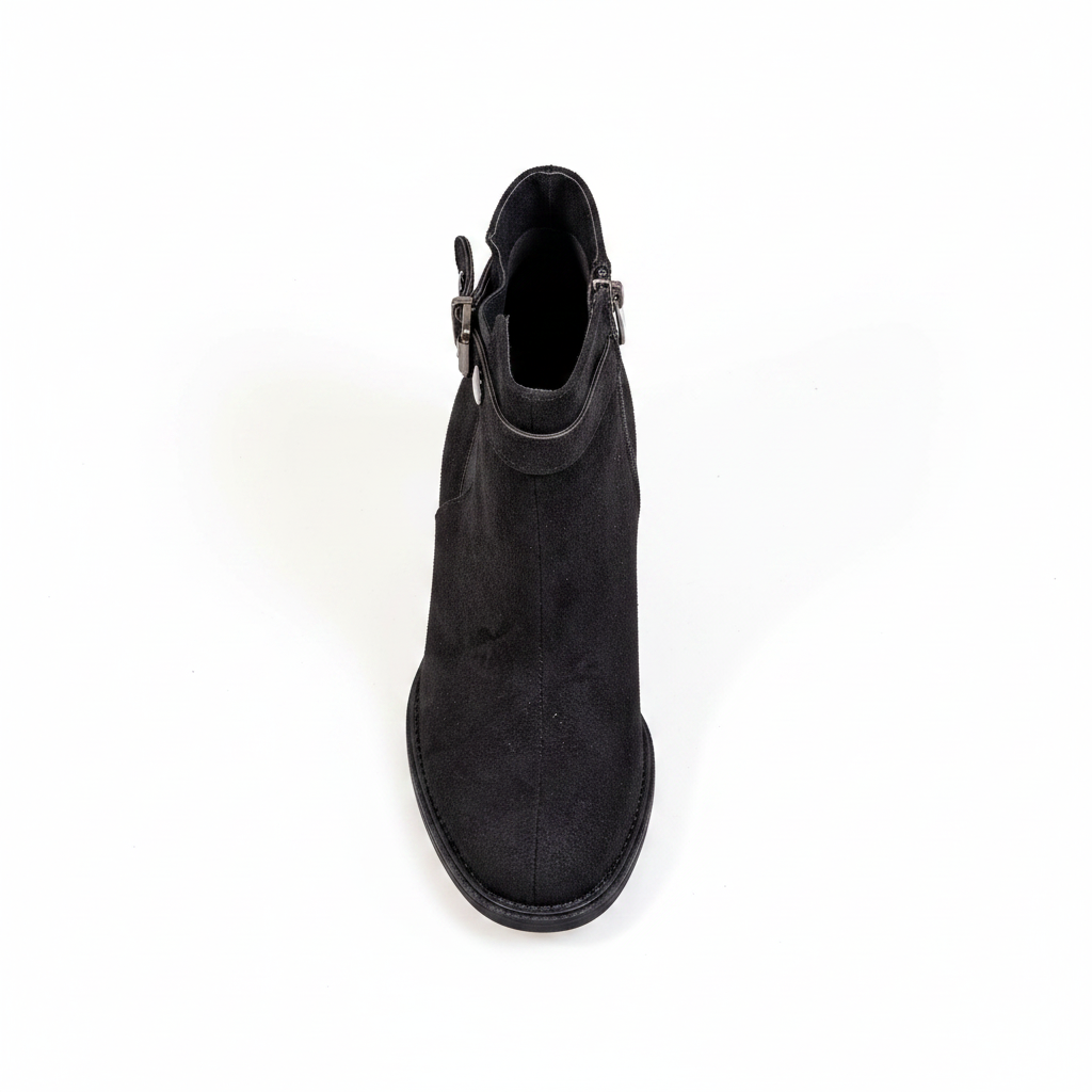 SL1776 Ghete scurte pentru femei, negru, din piele nabuk cu aspect de piele de căprioară