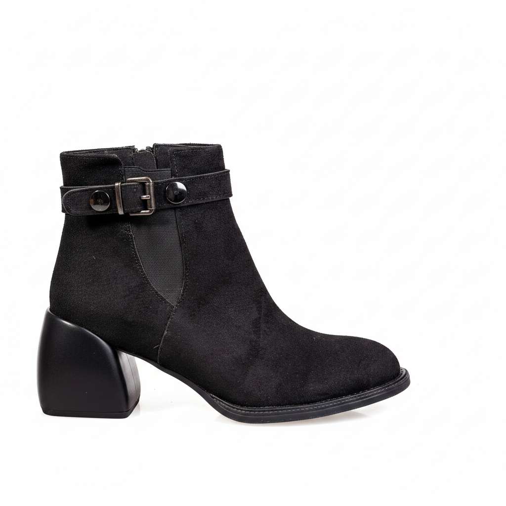 SL1776 Ghete scurte pentru femei, negru, din piele nabuk cu aspect de piele de căprioară