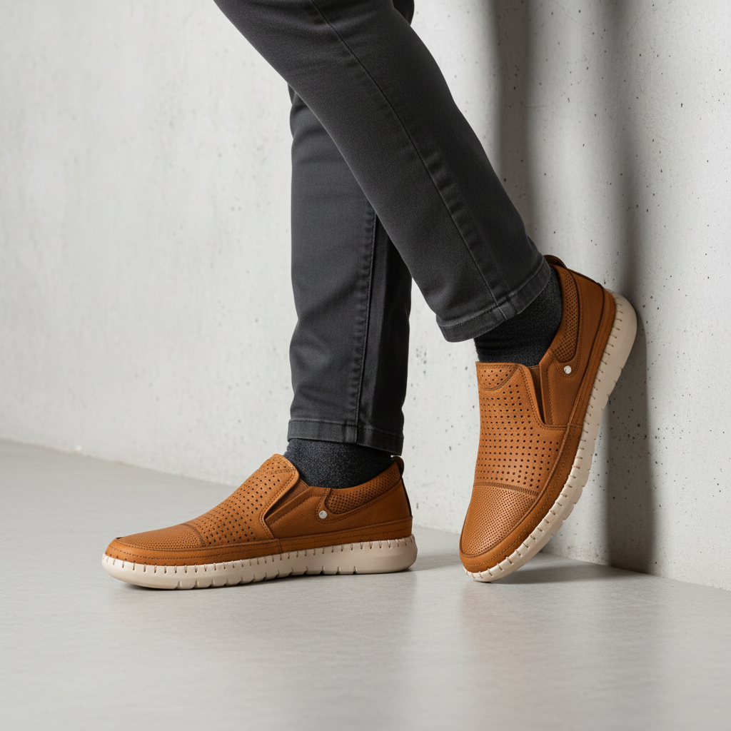 7062 Brown Men's Perforated Genuine Leather Casual Shoes