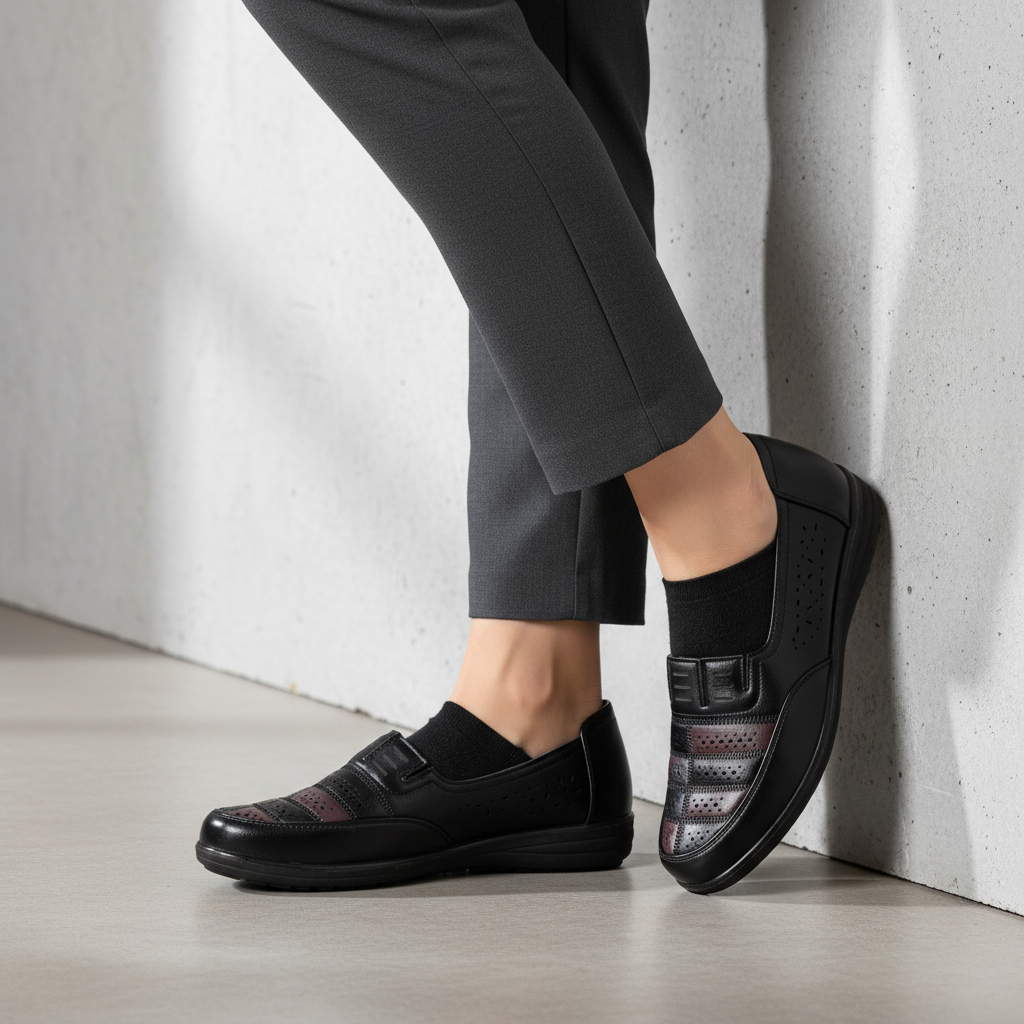 S566-1 Černé elegantní dámské boty z ekologické kůže s kontrastními prvky