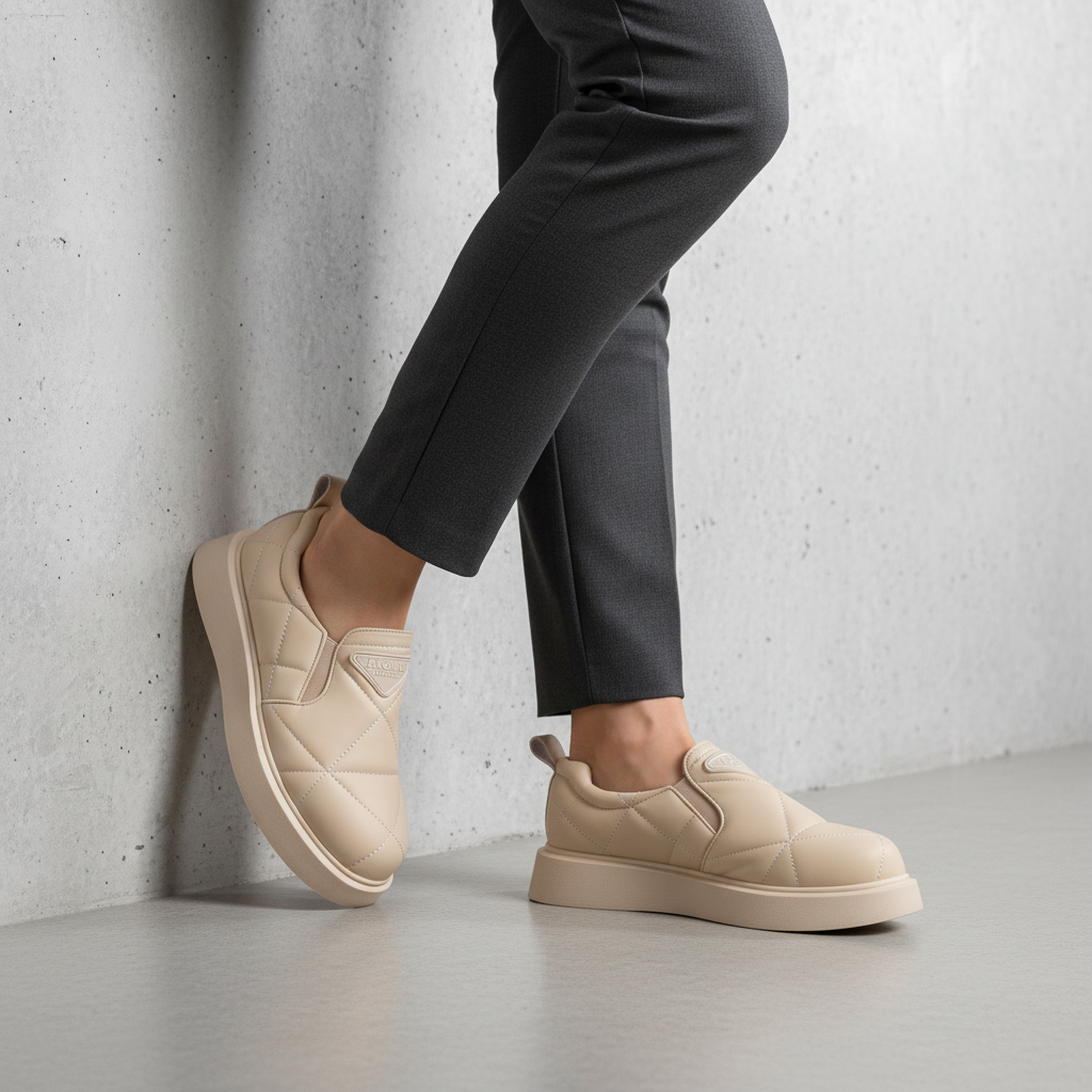 N205-3 Béžové dámské prošívané slip-on tenisky na platformě