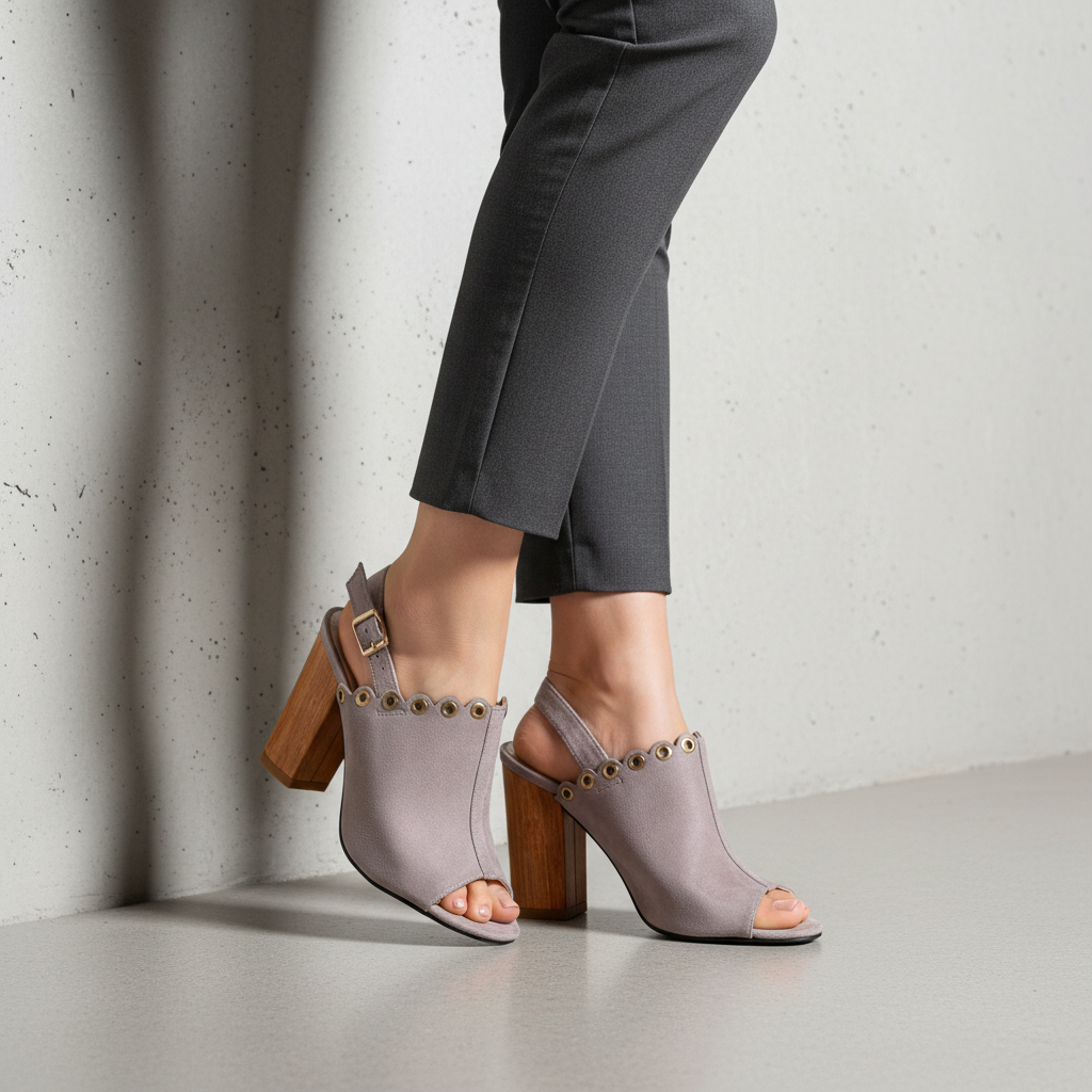 1266-32 Šedé dámské elegantní sandály na podpatku s ozdobnými očky