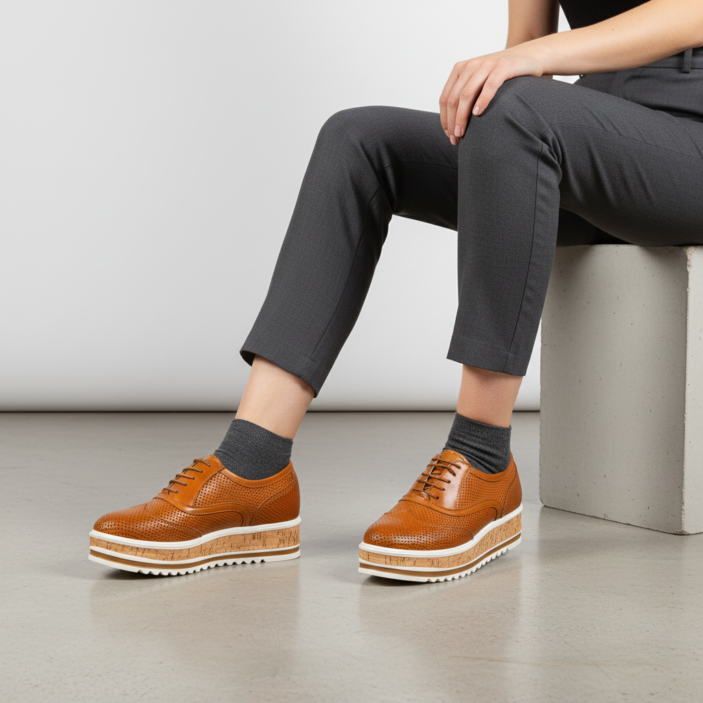 524-3584 Adidași cu platformă confortabili pentru femei, din piele naturală perforată