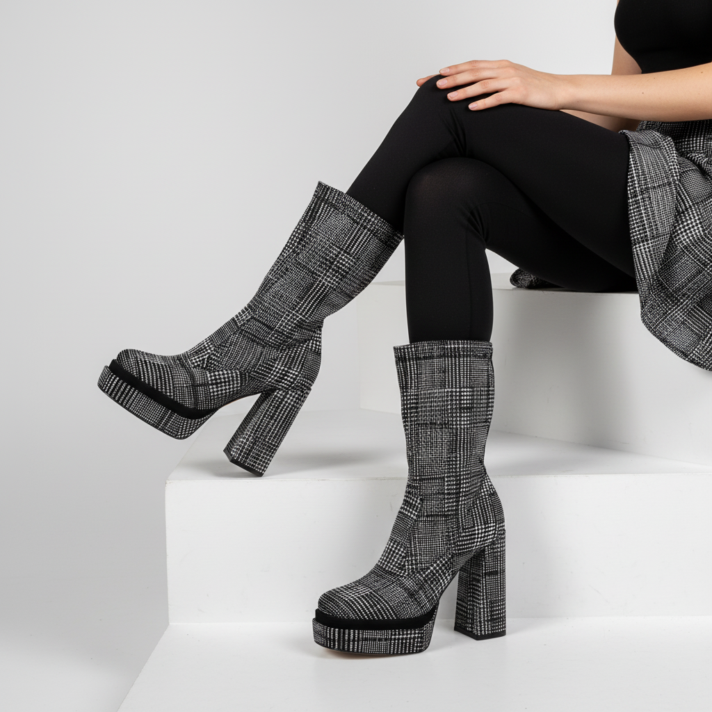 SL2099 Cizme cu platformă pentru femei, negre, cu model geometric