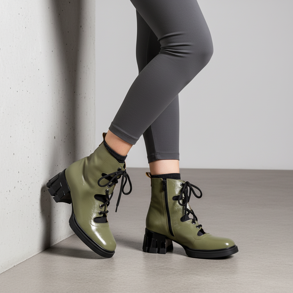 Z820 Green Women's Open-Side Lace-Up Patent Boots