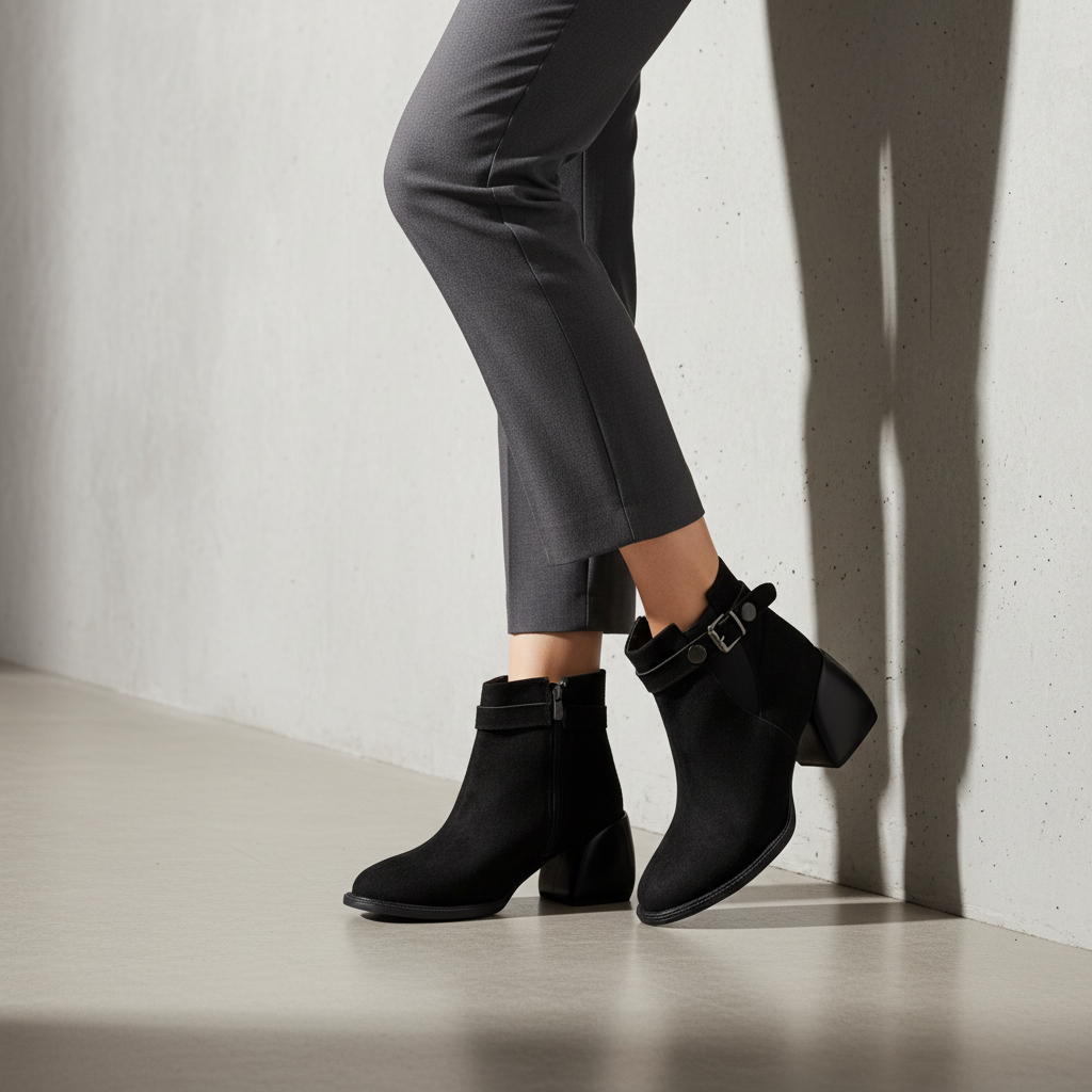 SL1776 Ghete scurte pentru femei, negru, din piele nabuk cu aspect de piele de căprioară
