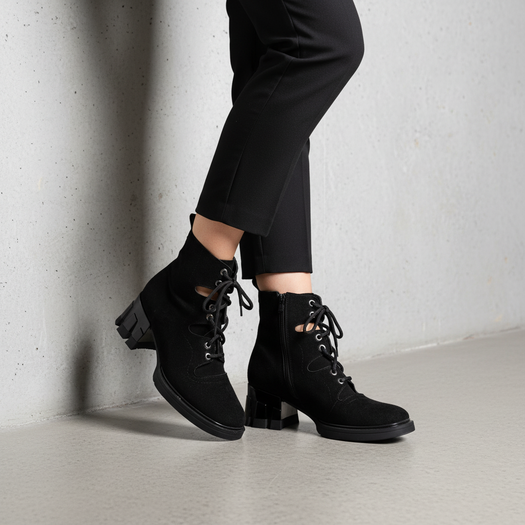Z820 Black Nabuk Women's Open-Side Lace-Up Suede Boots