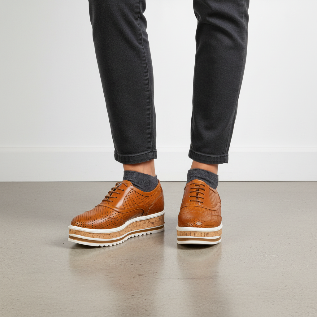 524-3584 Adidași cu platformă confortabili pentru femei, din piele naturală perforată
