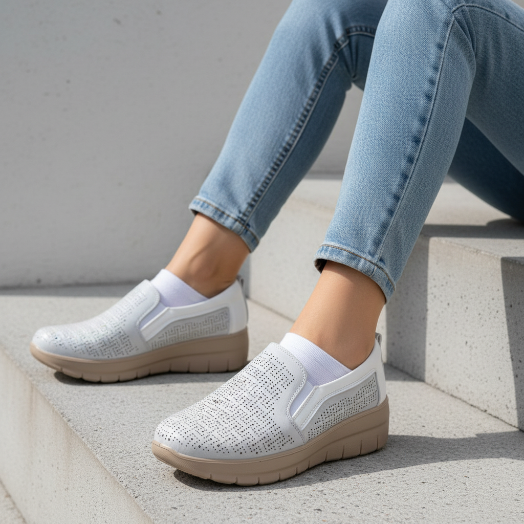 6036-2 Pantofi casual albi pentru femei