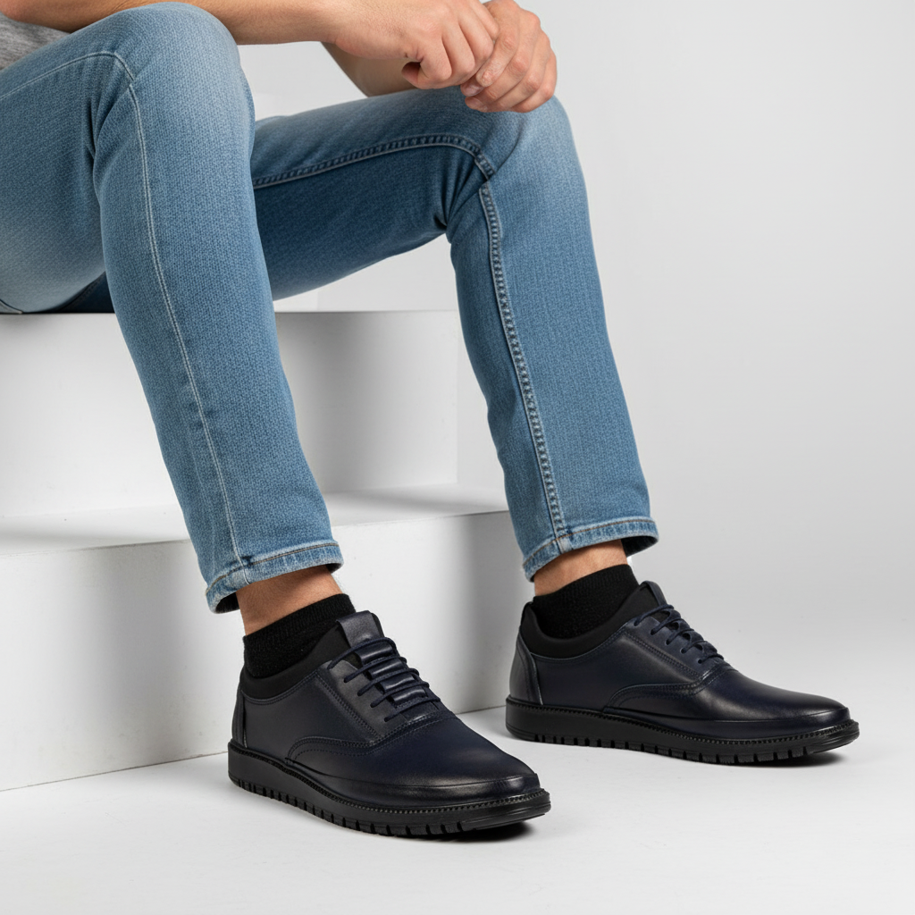 621005 Niebieskie męskie buty z prawdziwej skóry