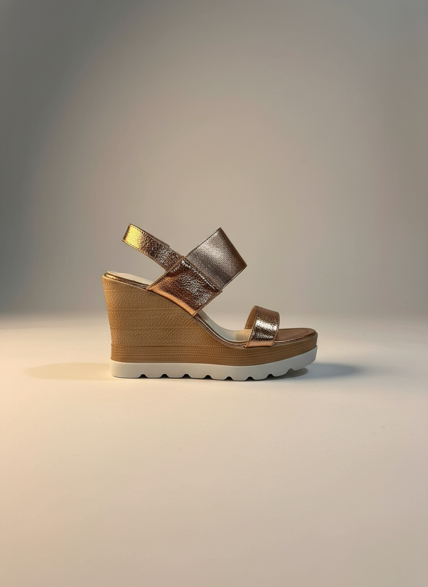 A3463-29 Dámské sandály na platformě s metalickým povrchem – růžové zlato