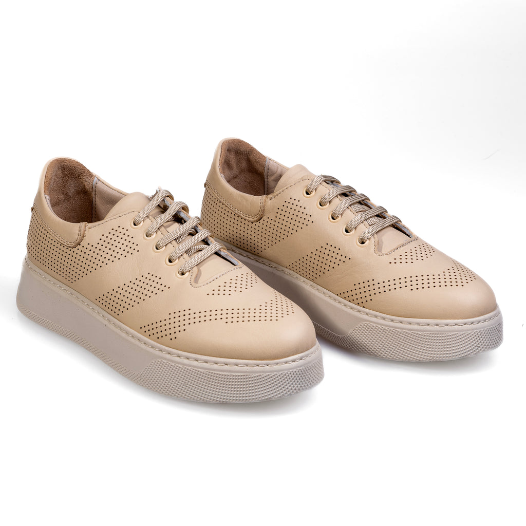 010 Beige – Women’s Perforated Genuine Leather Comfort Sneakers