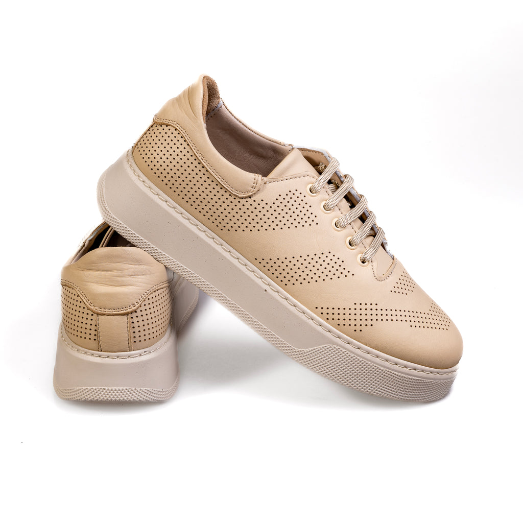 010 Beige – Women’s Perforated Genuine Leather Comfort Sneakers
