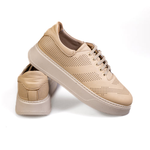 010 Beige – Women’s Perforated Genuine Leather Comfort Sneakers