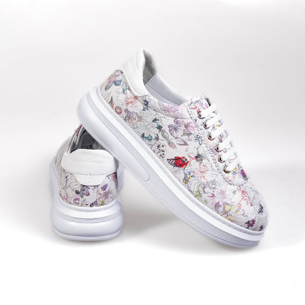 014 White – Women’s Elegant Genuine Leather Floral Sneakers