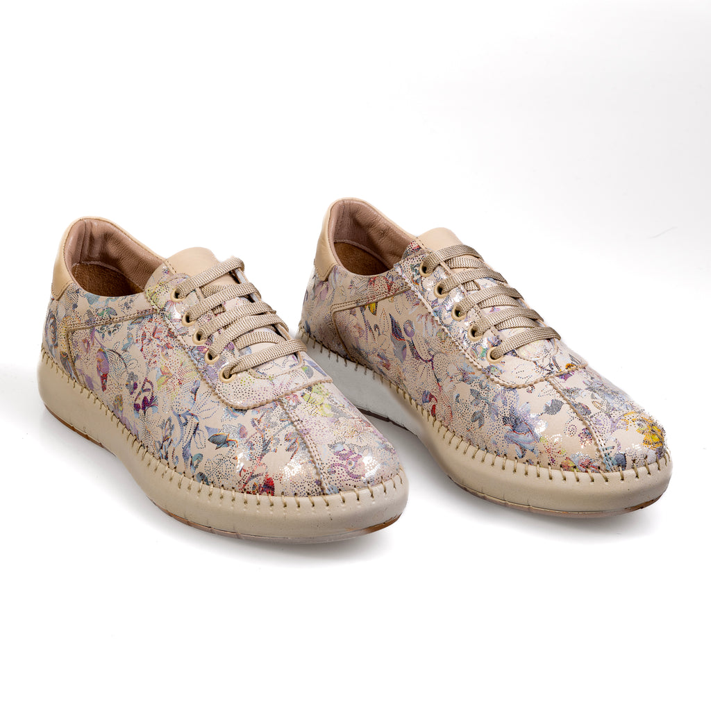 034 Beige – Women’s Floral Genuine Leather Comfort Sneakers