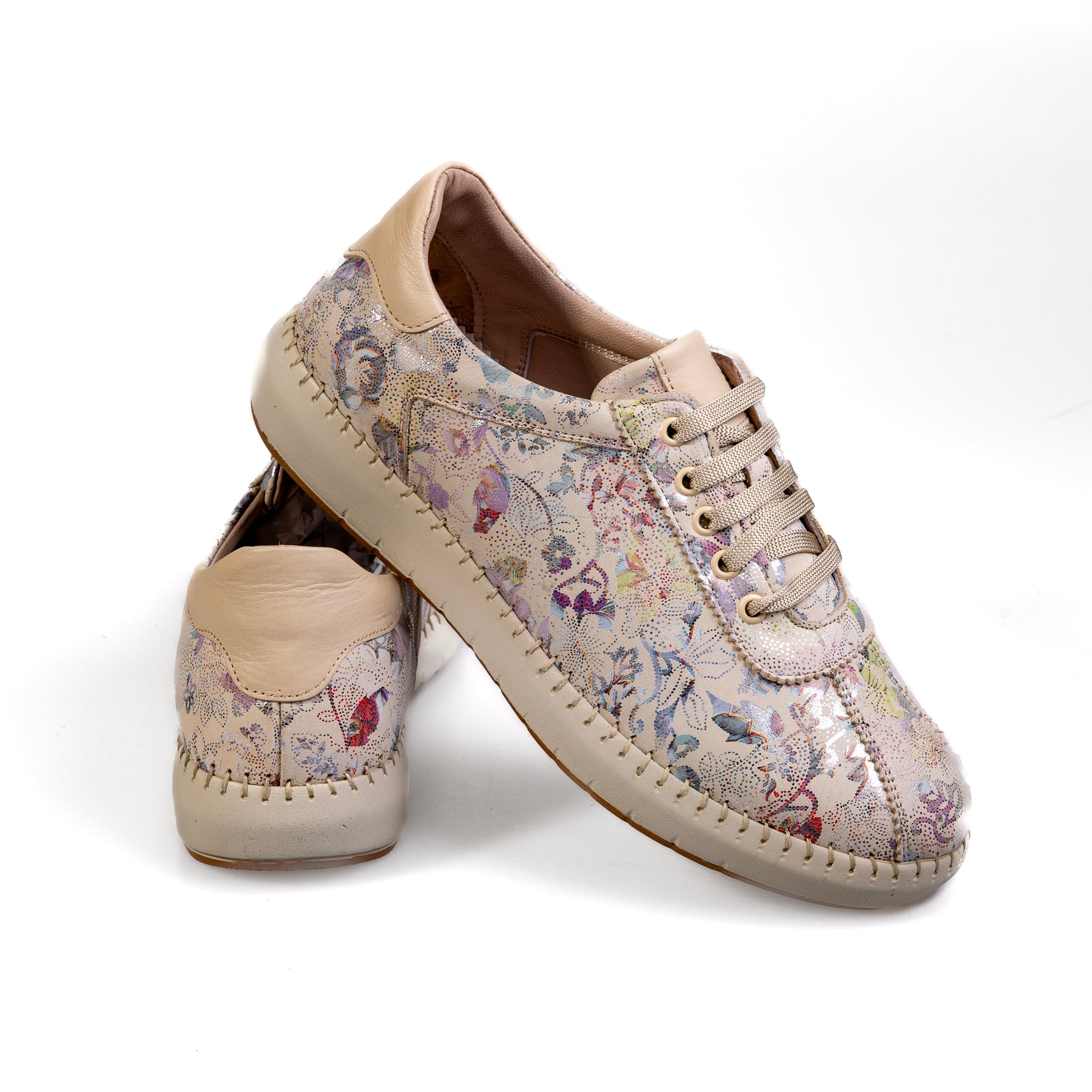 034 Beige – Women’s Floral Genuine Leather Comfort Sneakers