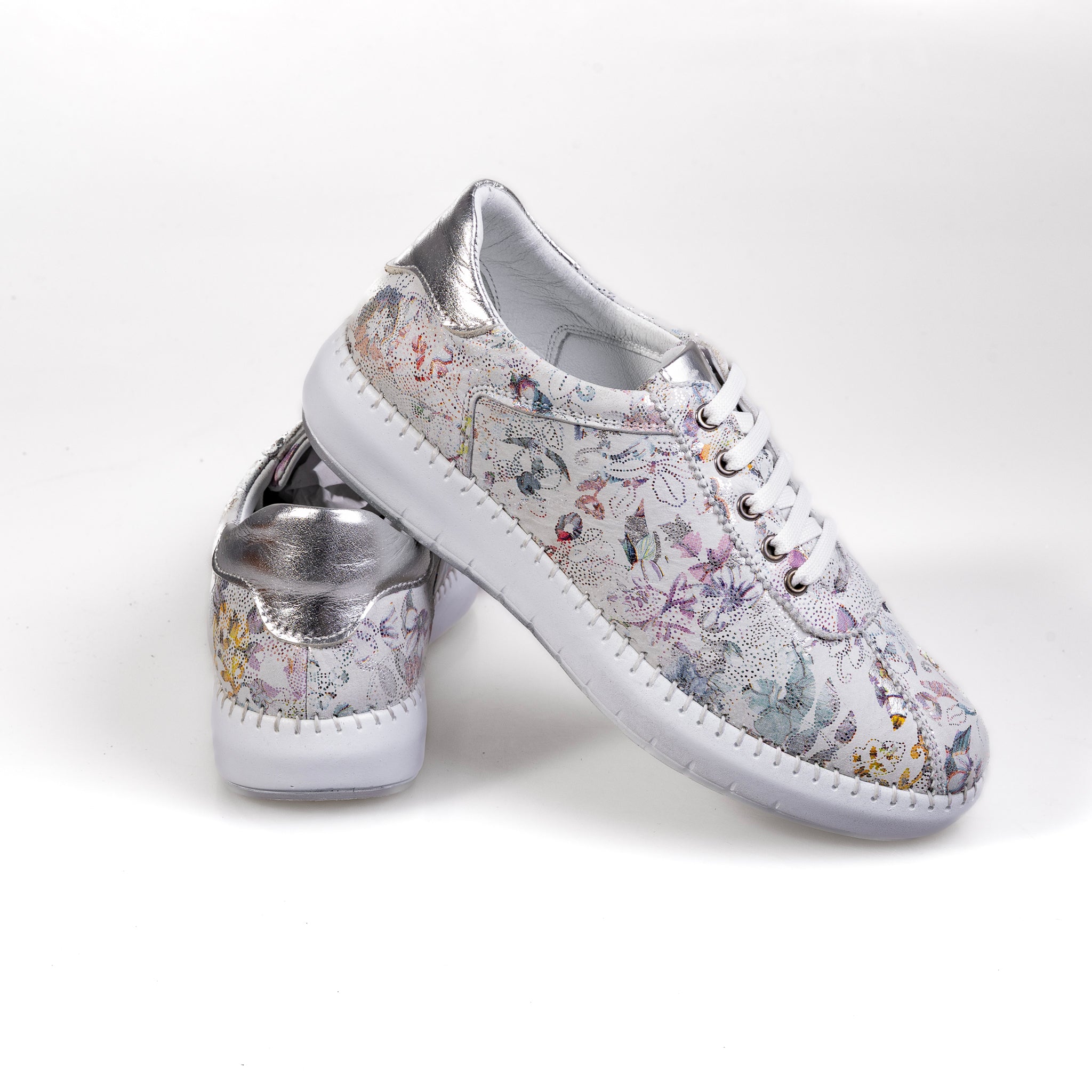034 White – Women’s Floral Genuine Leather Comfort Sneakers