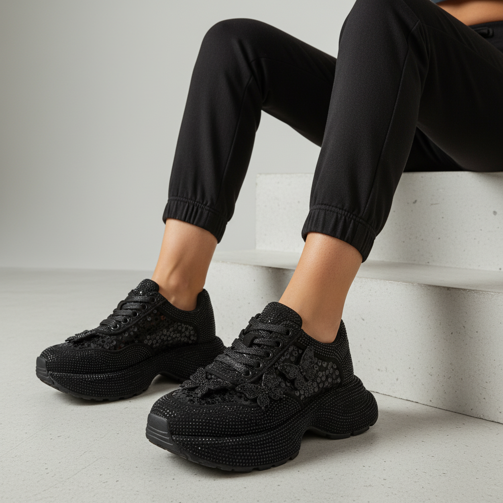 N2201-1 Adidași clasici cu talpă înaltă pentru femei – Negru