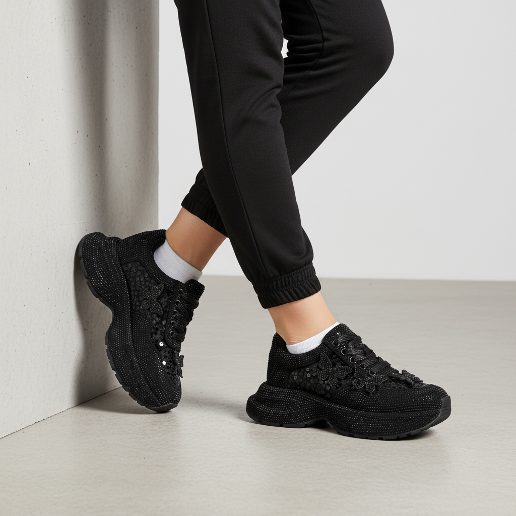 N2201-1 Adidași clasici cu talpă înaltă pentru femei – Negru