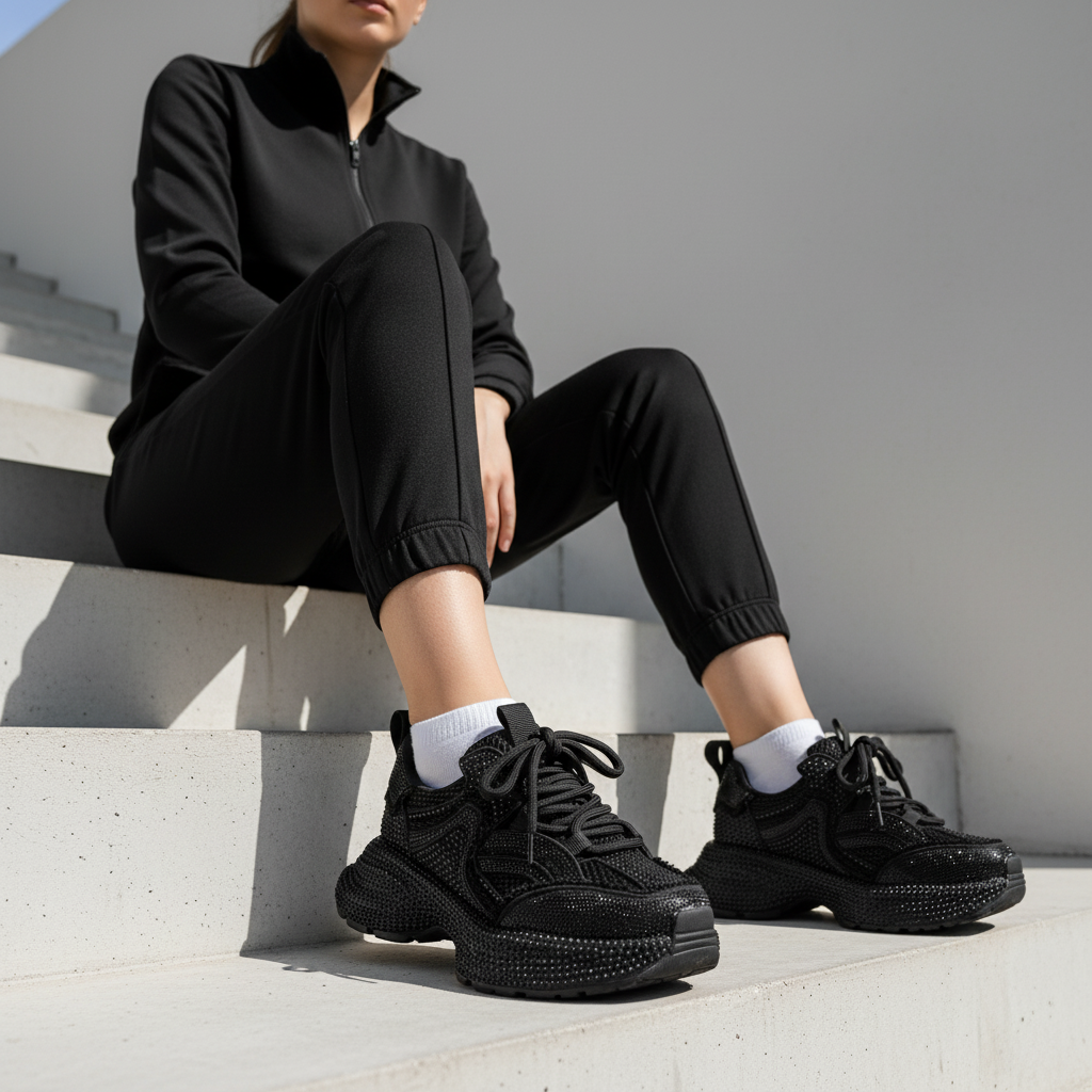 N2203-1 Adidași cu platformă și finisaj lucios pentru femei – Negru