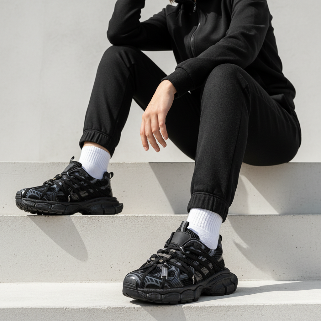 N2205-1 Adidași sport pentru femei, cu talpă joasă și platformă – Negru