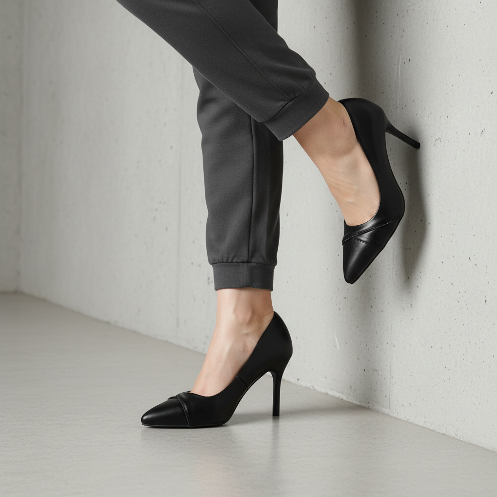 N277-1 Pantofi cu toc stiletto clasici pentru femei, cu vârf ascuțit – Negru