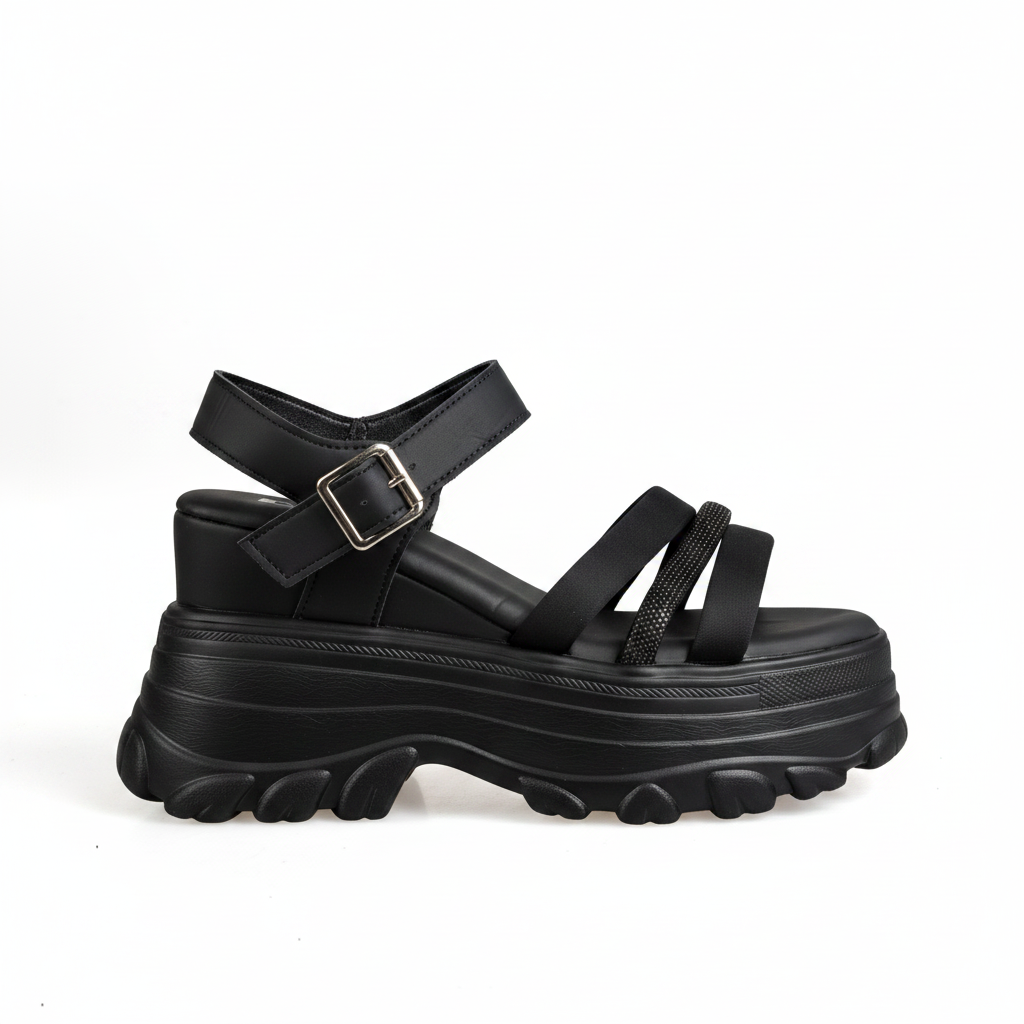 N366-1 Női fekete pántos platform szandál