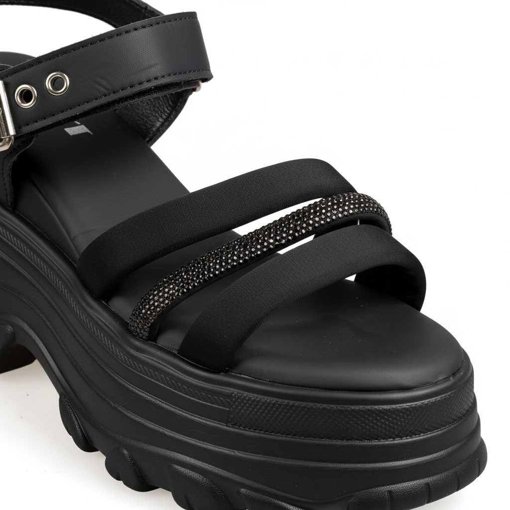 N366-1 Női fekete pántos platform szandál
