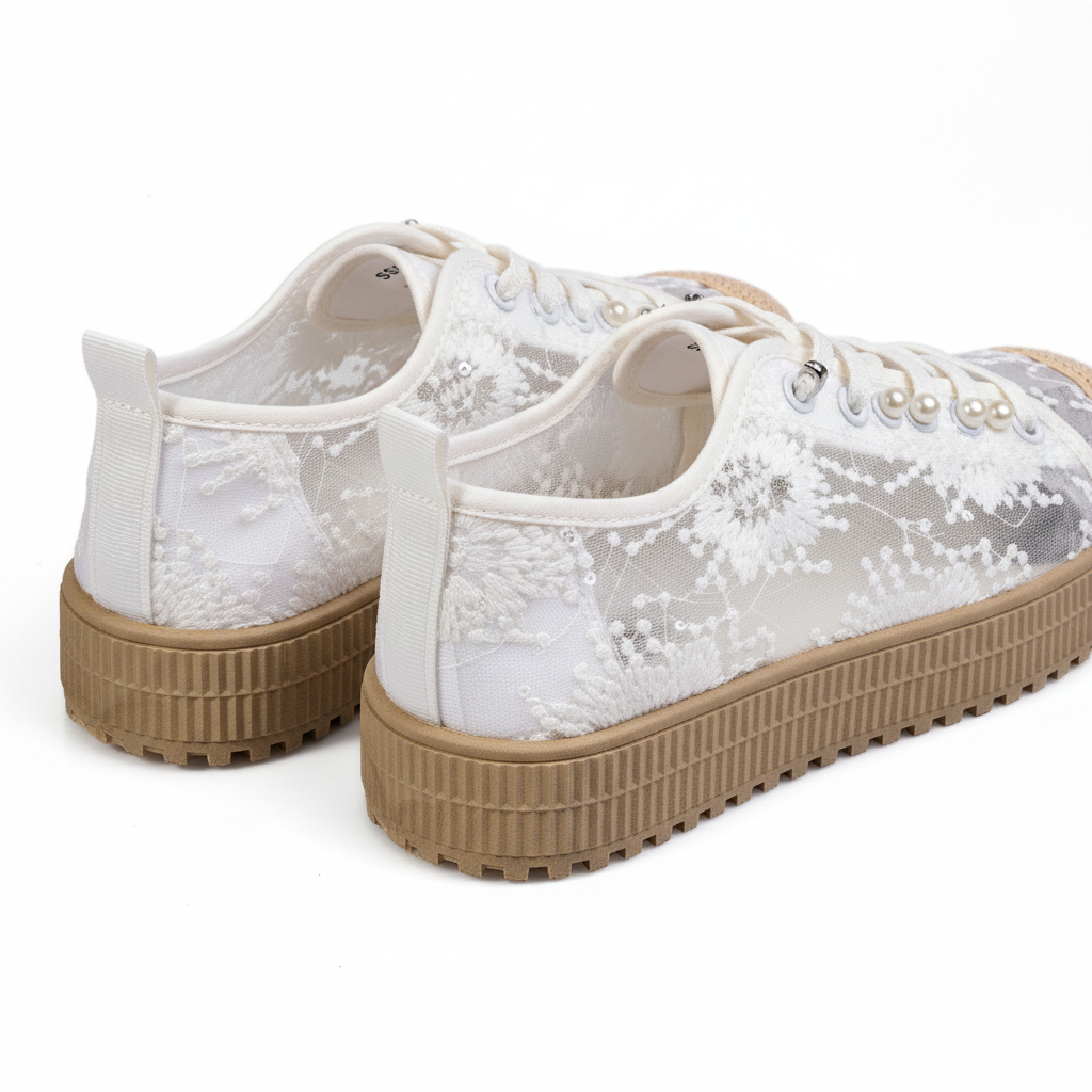 S587-2 White – Feminine Lace & Pearl Women’s Sneakers