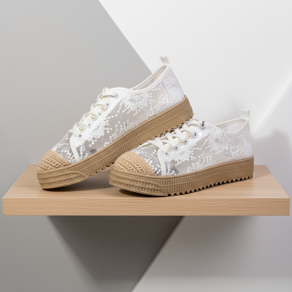S587-2 White – Feminine Lace & Pearl Women’s Sneakers