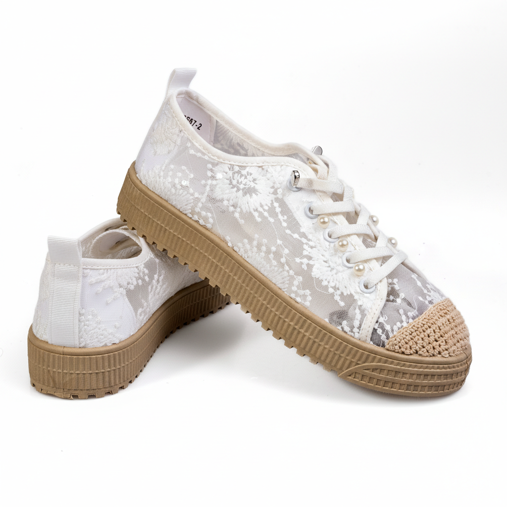 S587-2 White – Feminine Lace & Pearl Women’s Sneakers