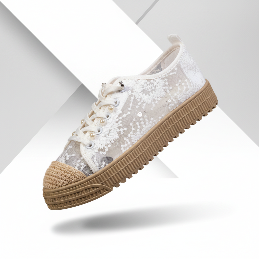 S587-2 White – Feminine Lace & Pearl Women’s Sneakers