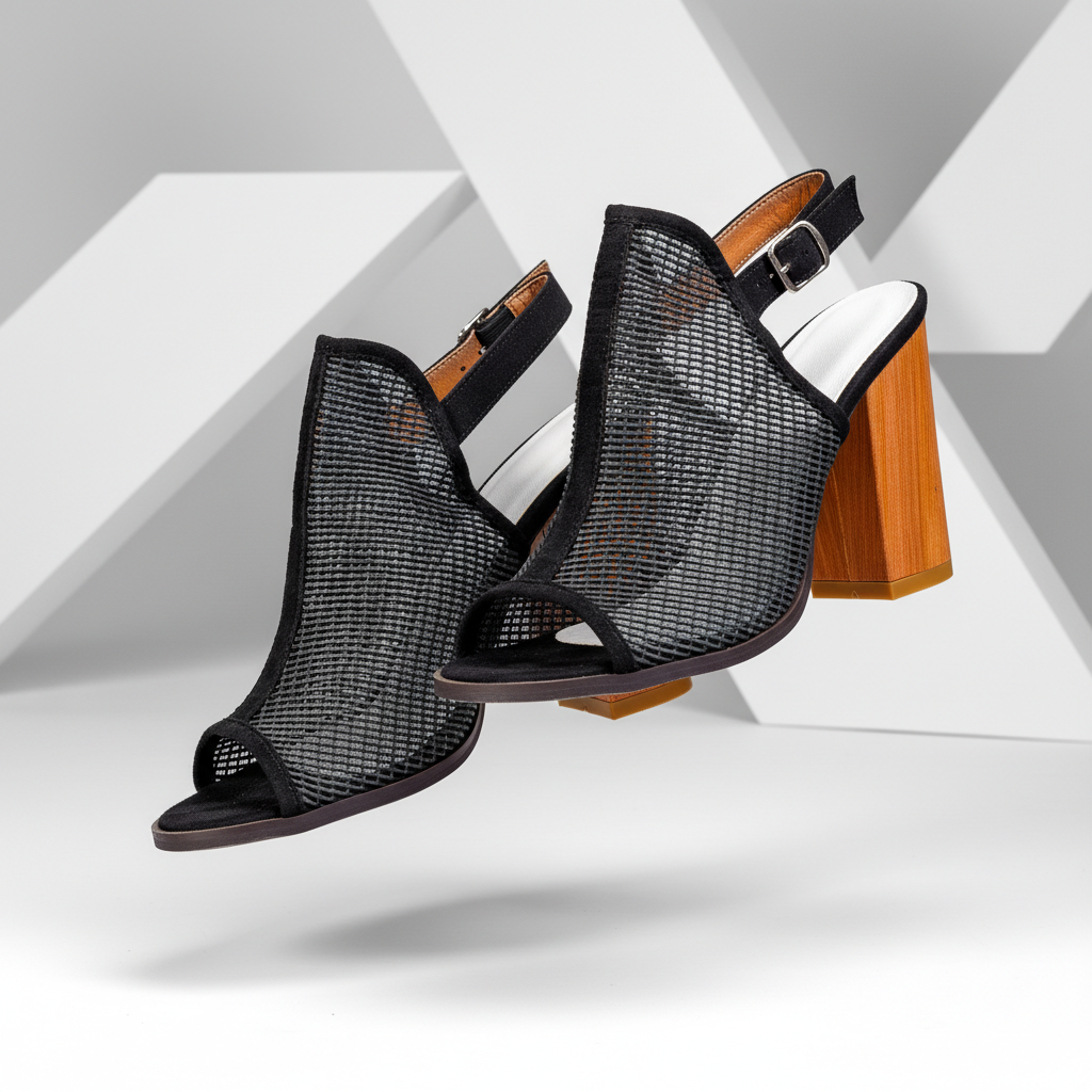 1266-7 Black – Women’s Geometric Mesh Heeled Sandals