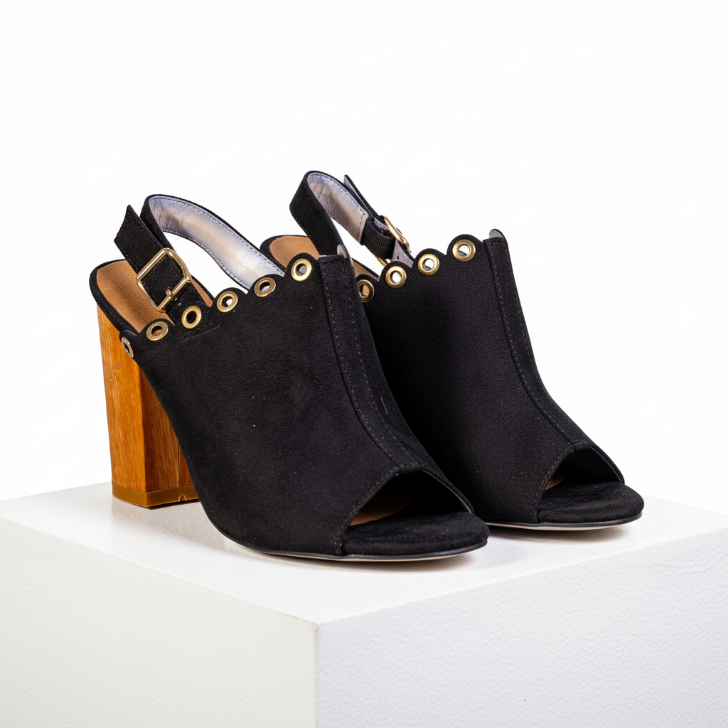 1266-32 Black – Women’s Elegant Grommet Detail Heeled Sandals