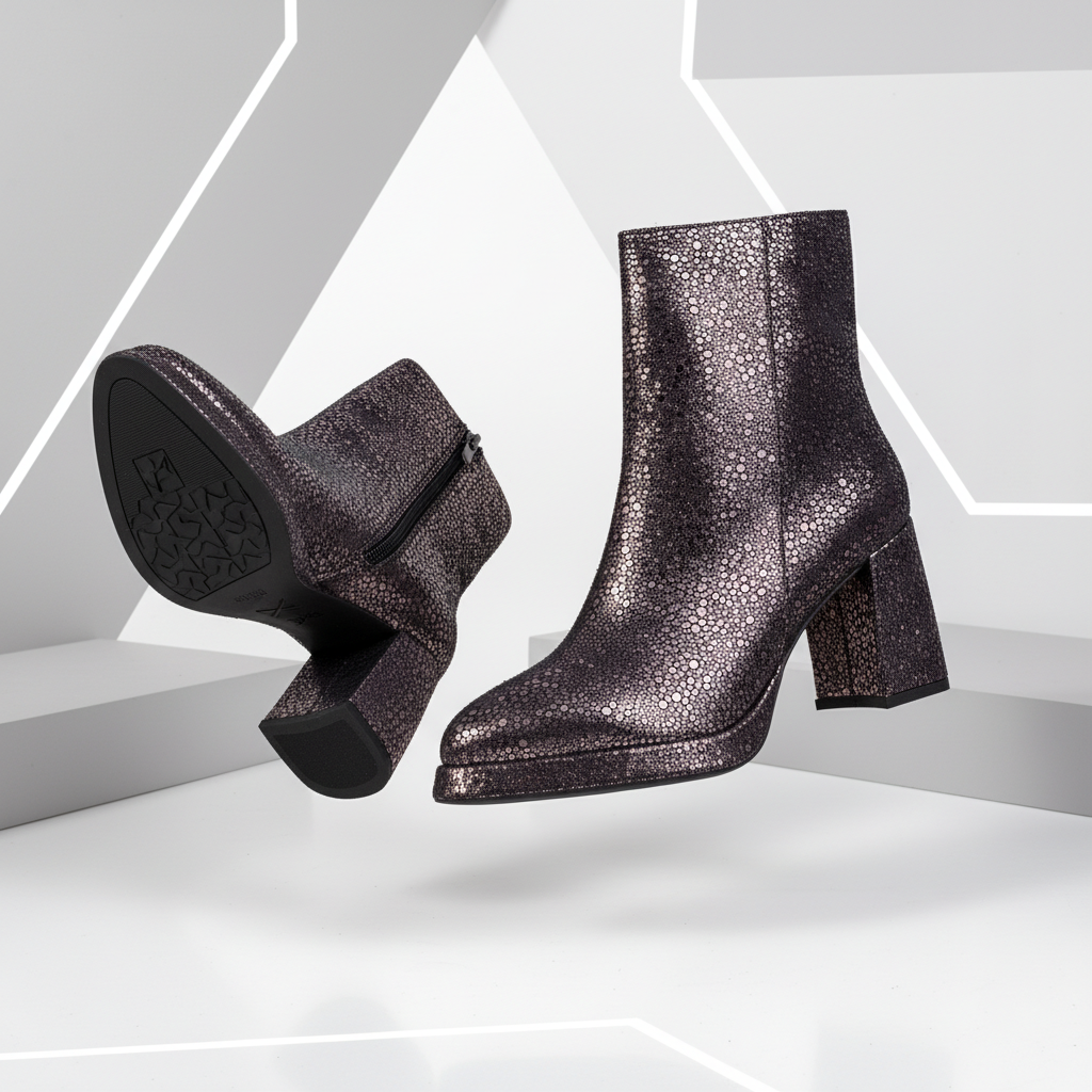 BS1090 Platinum – Women’s Pointed-Toe Metallic Textured Ankle Boots