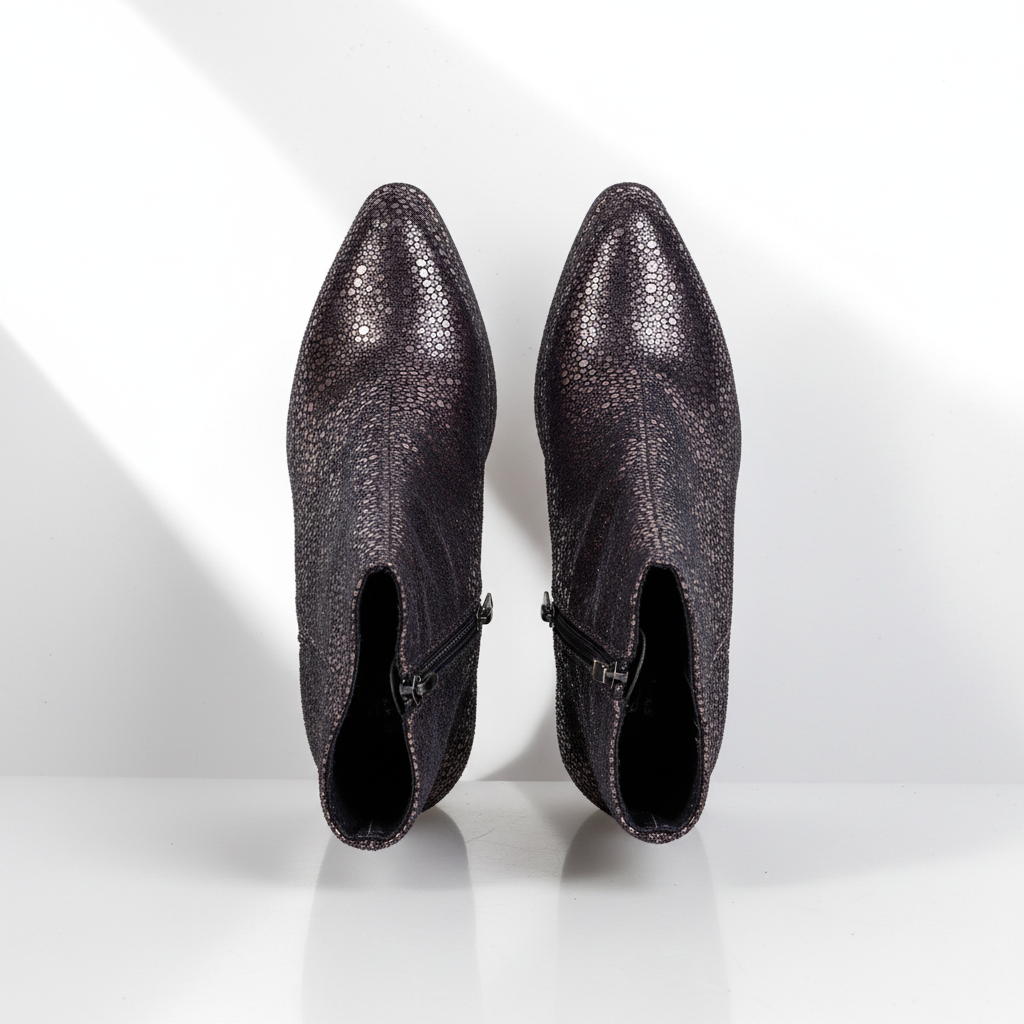 BS1090 Platinum – Women’s Pointed-Toe Metallic Textured Ankle Boots