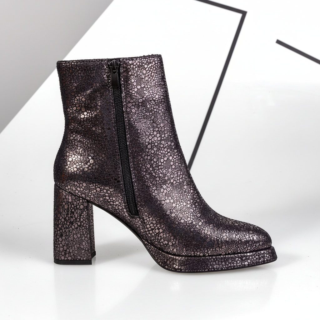 BS1090 Platinum – Women’s Pointed-Toe Metallic Textured Ankle Boots