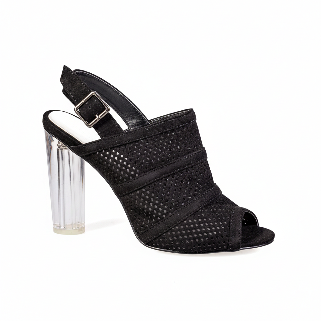2461-E17 Black – Women’s Perforated Suede Heeled Sandals