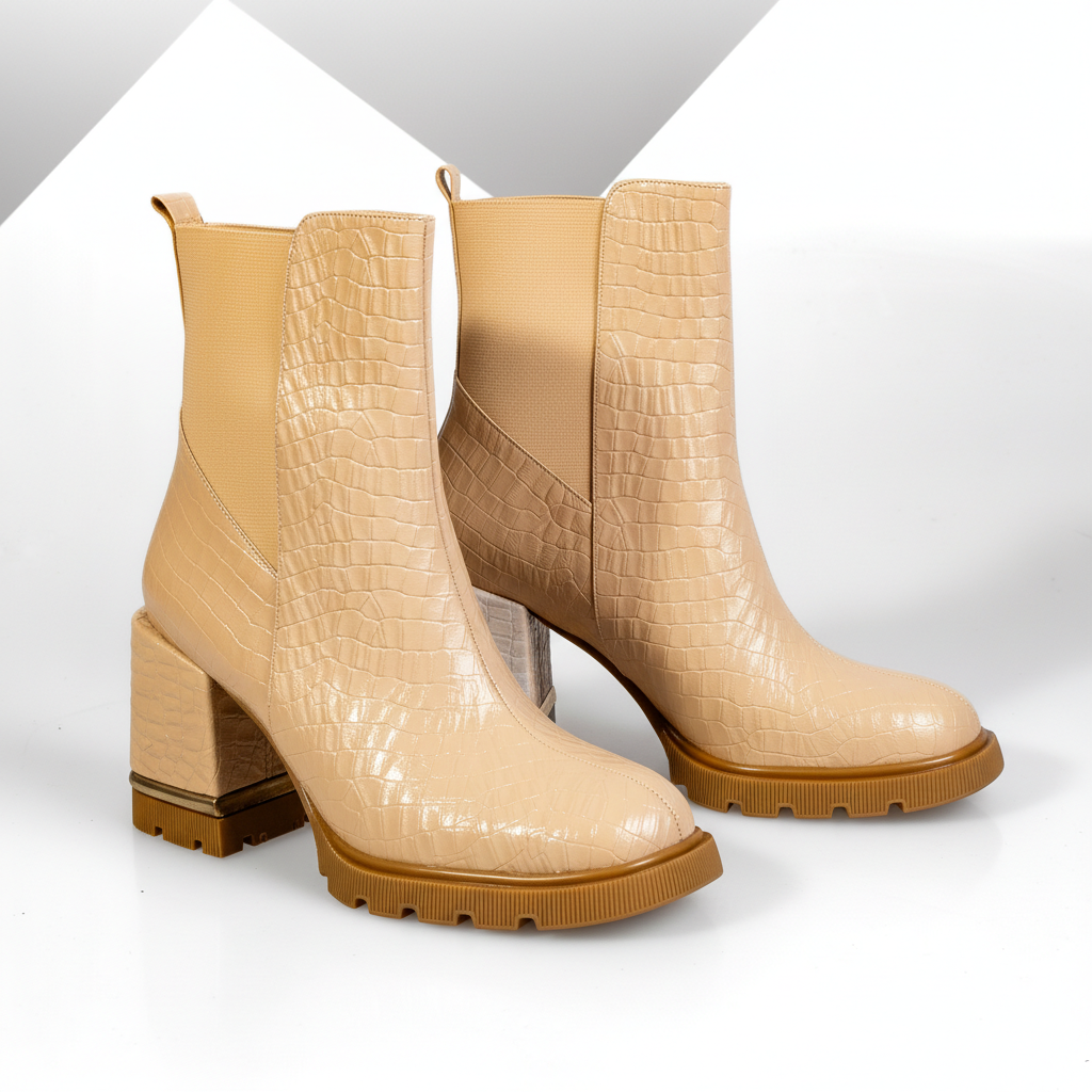 BS1122 Beige – Women’s Croco-Embossed Leather Platform Chelsea Boots