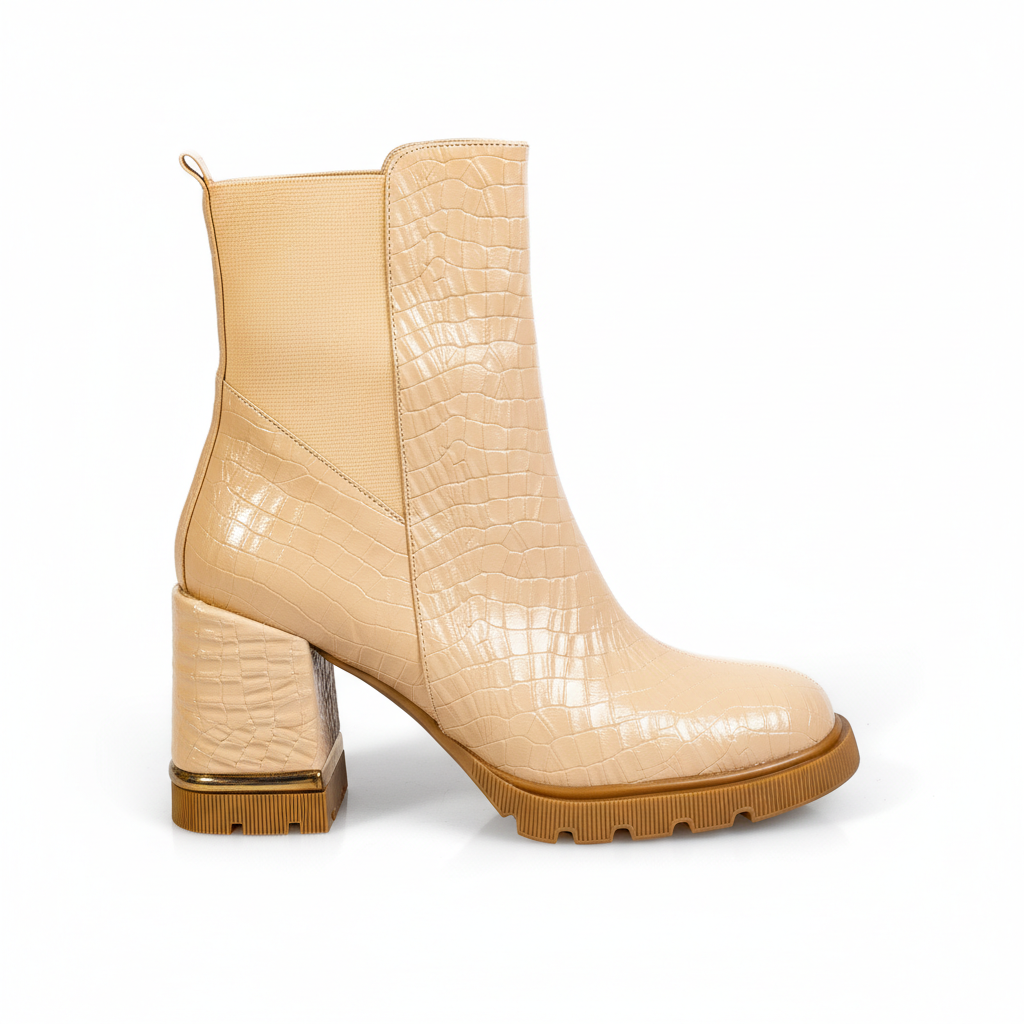 BS1122 Beige – Women’s Croco-Embossed Leather Platform Chelsea Boots